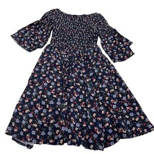 eShakti Dress Womens Size 0 Blue Floral Smocked Bodice Bell Sleeve Midi